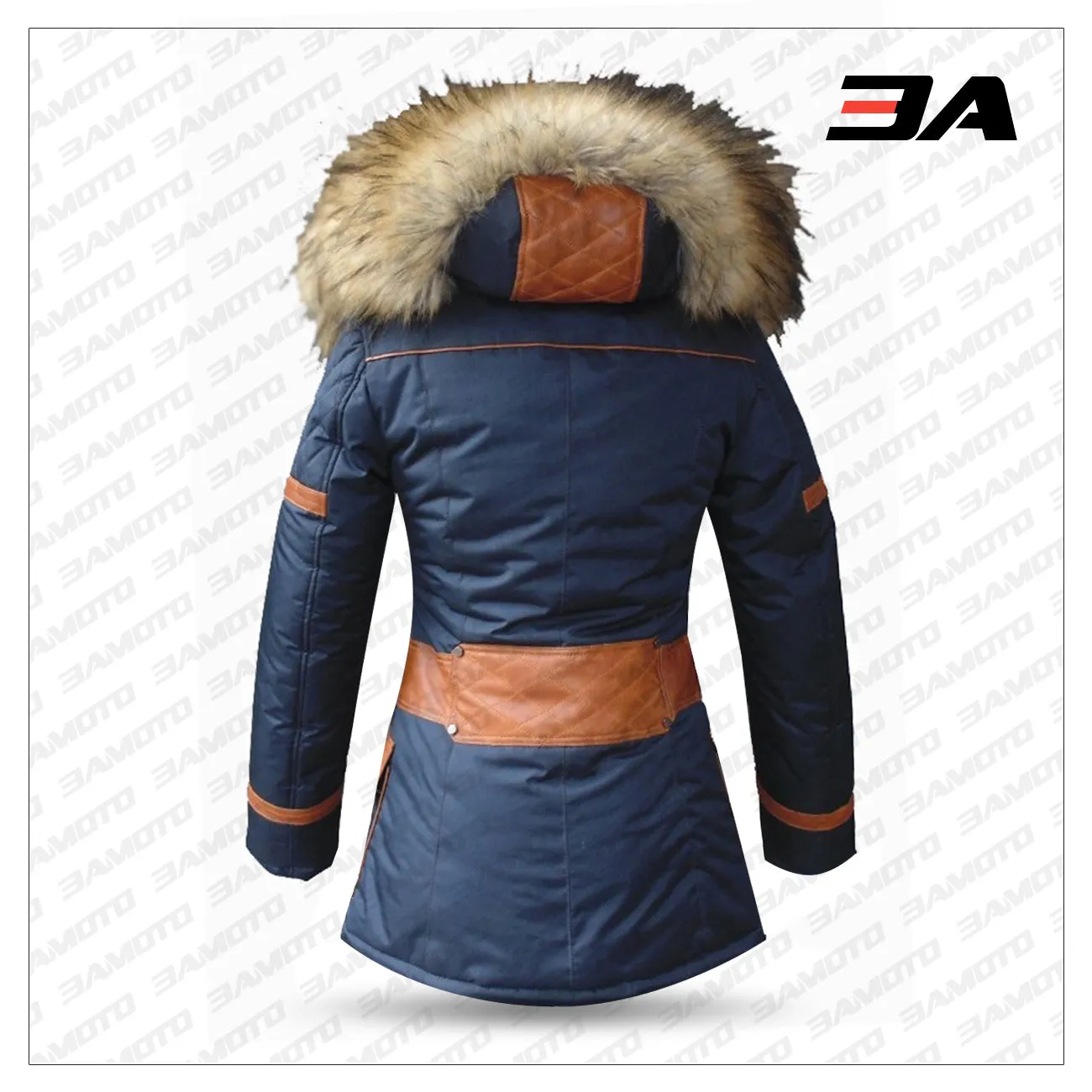 Down Jacket In Blue Fabric And Sheepskin Leather