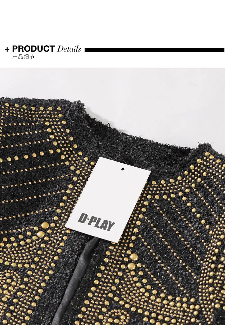 DPLAY autumn and winter heavy metal rivets round neck bright silk tweed coat - Jaula