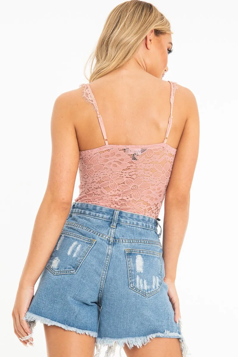 Dusty Pink Lace Mesh Stripe Cup Detail Bodysuit - India