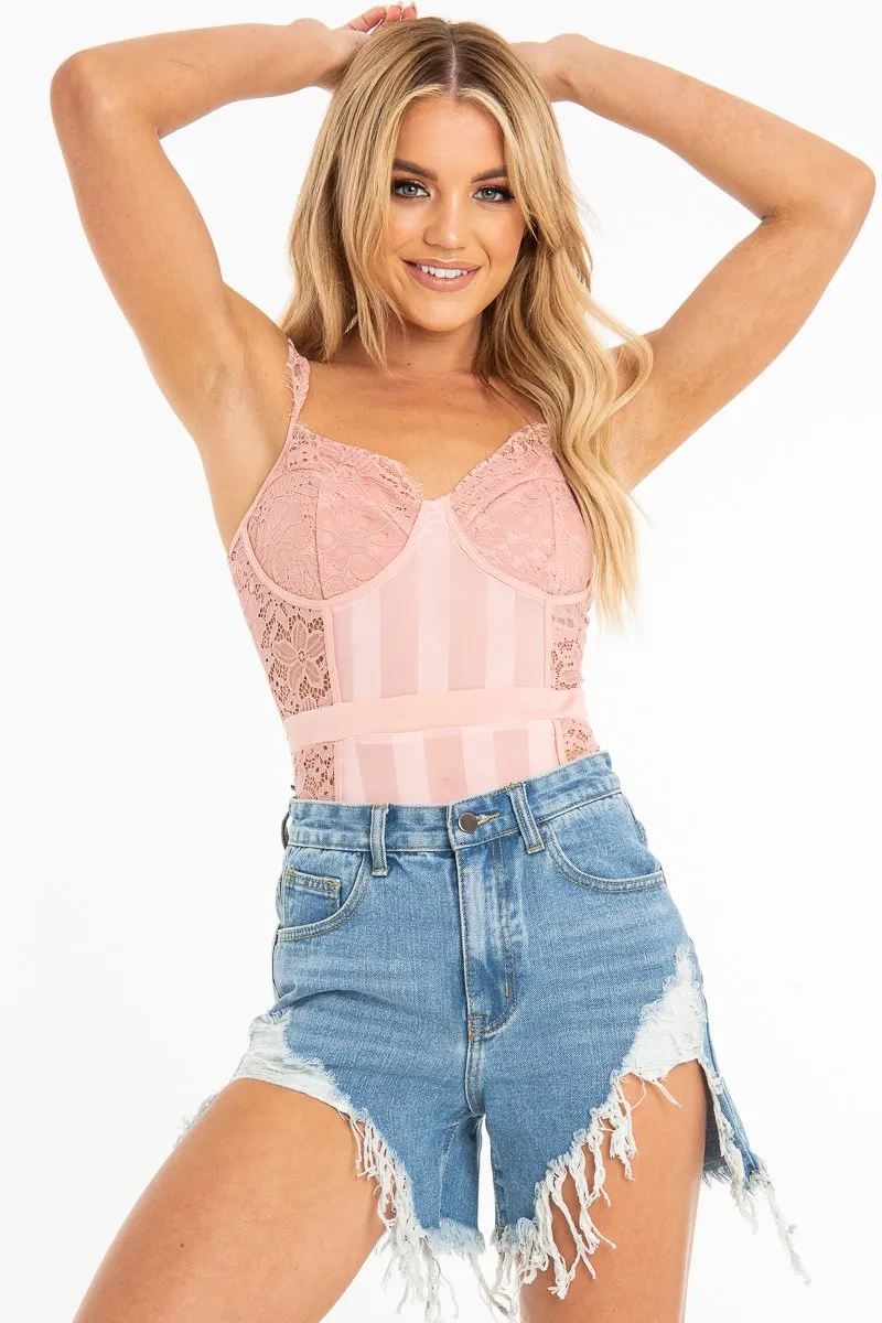 Dusty Pink Lace Mesh Stripe Cup Detail Bodysuit - India