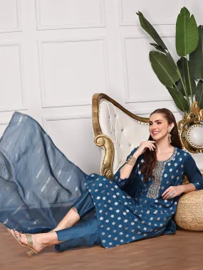 Ethnic Motifs Embroidered Sequinned Straight Kurta With Trousers & Dupatta