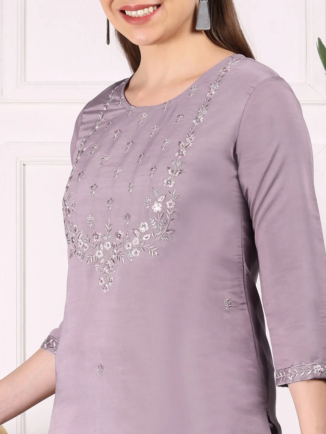 Ethnic Motifs Embroidered Straight Thread Work Kurta with Trousers & Dupatta