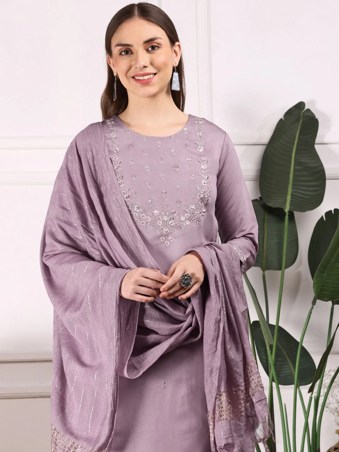 Ethnic Motifs Embroidered Straight Thread Work Kurta with Trousers & Dupatta