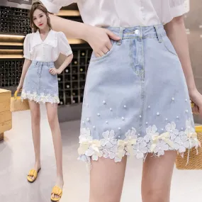 Fashion Lace Flower Denim Skirt Summer Pearl High Waist Ladies Jean Mini Skirt Causal Korean Slim Girls Short Faldas