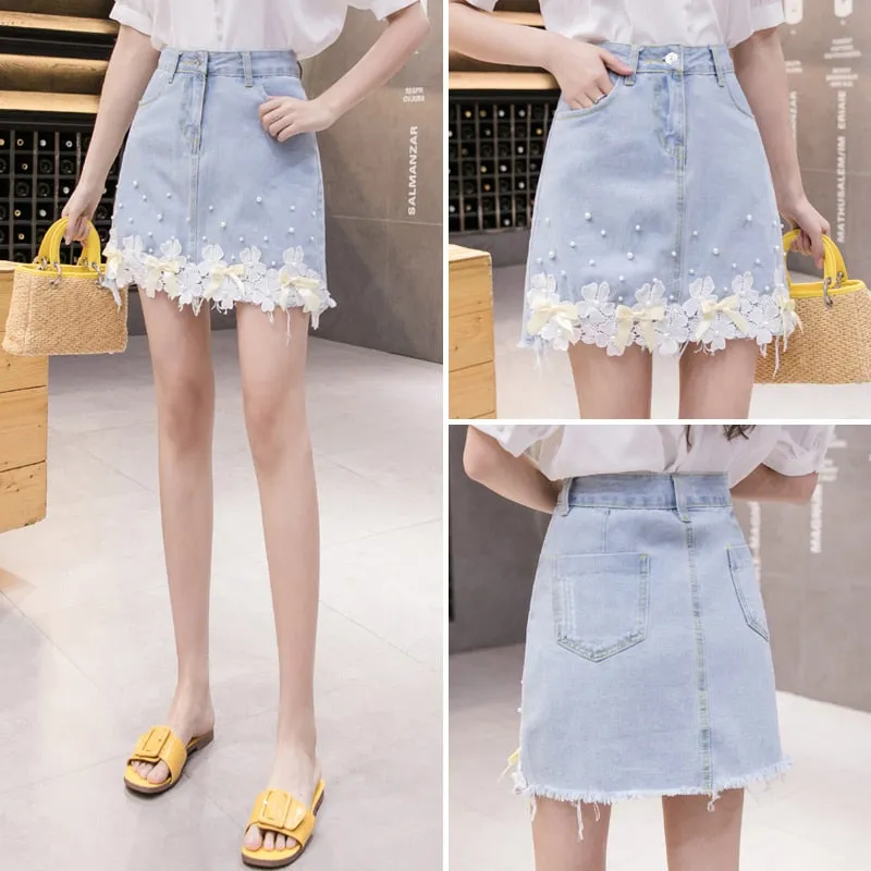 Fashion Lace Flower Denim Skirt Summer Pearl High Waist Ladies Jean Mini Skirt Causal Korean Slim Girls Short Faldas