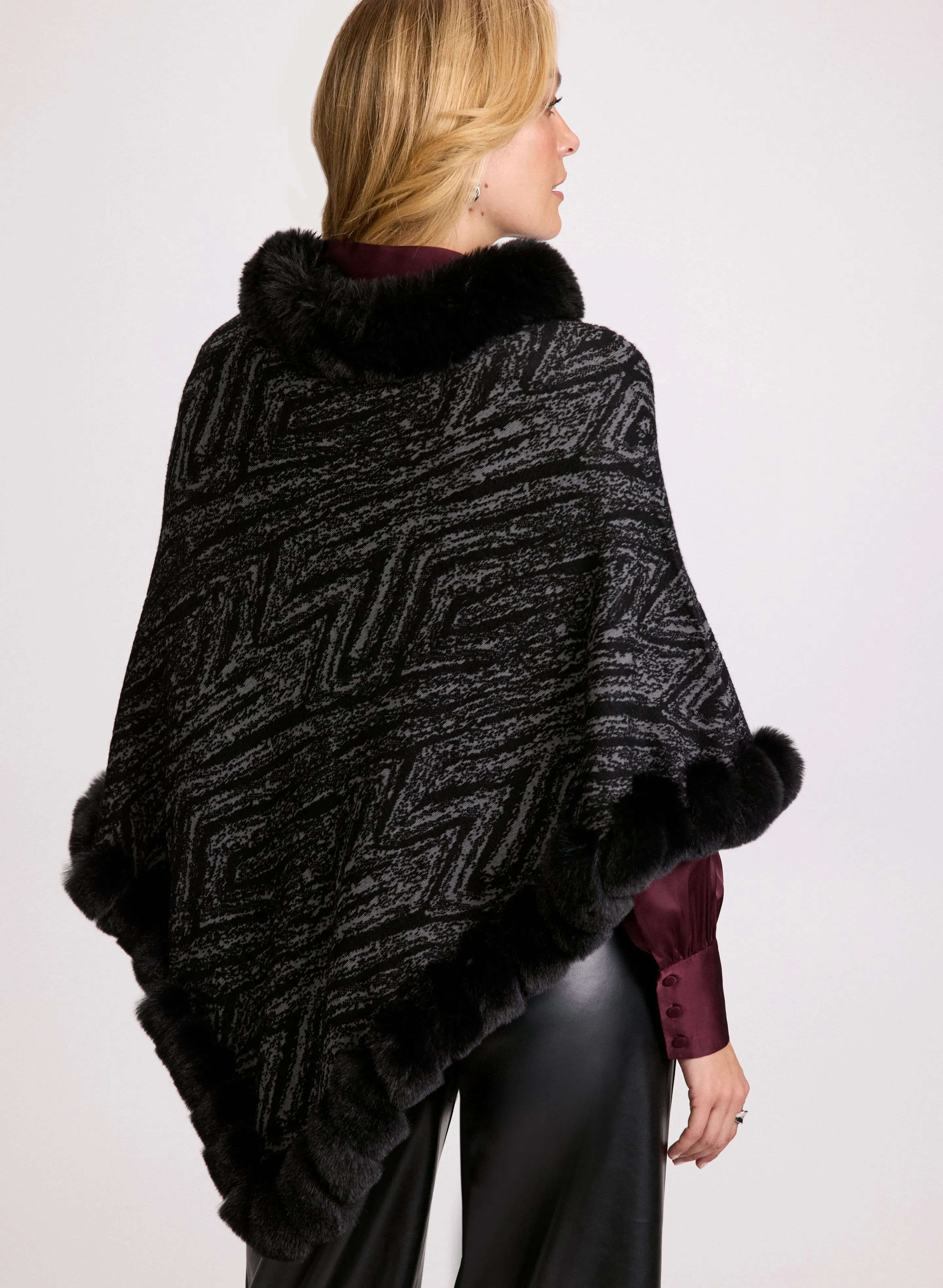 Faux Fur Trim Popover Poncho