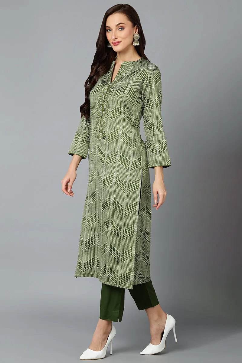 Fern Green Rayon Blend Straight Suit Set