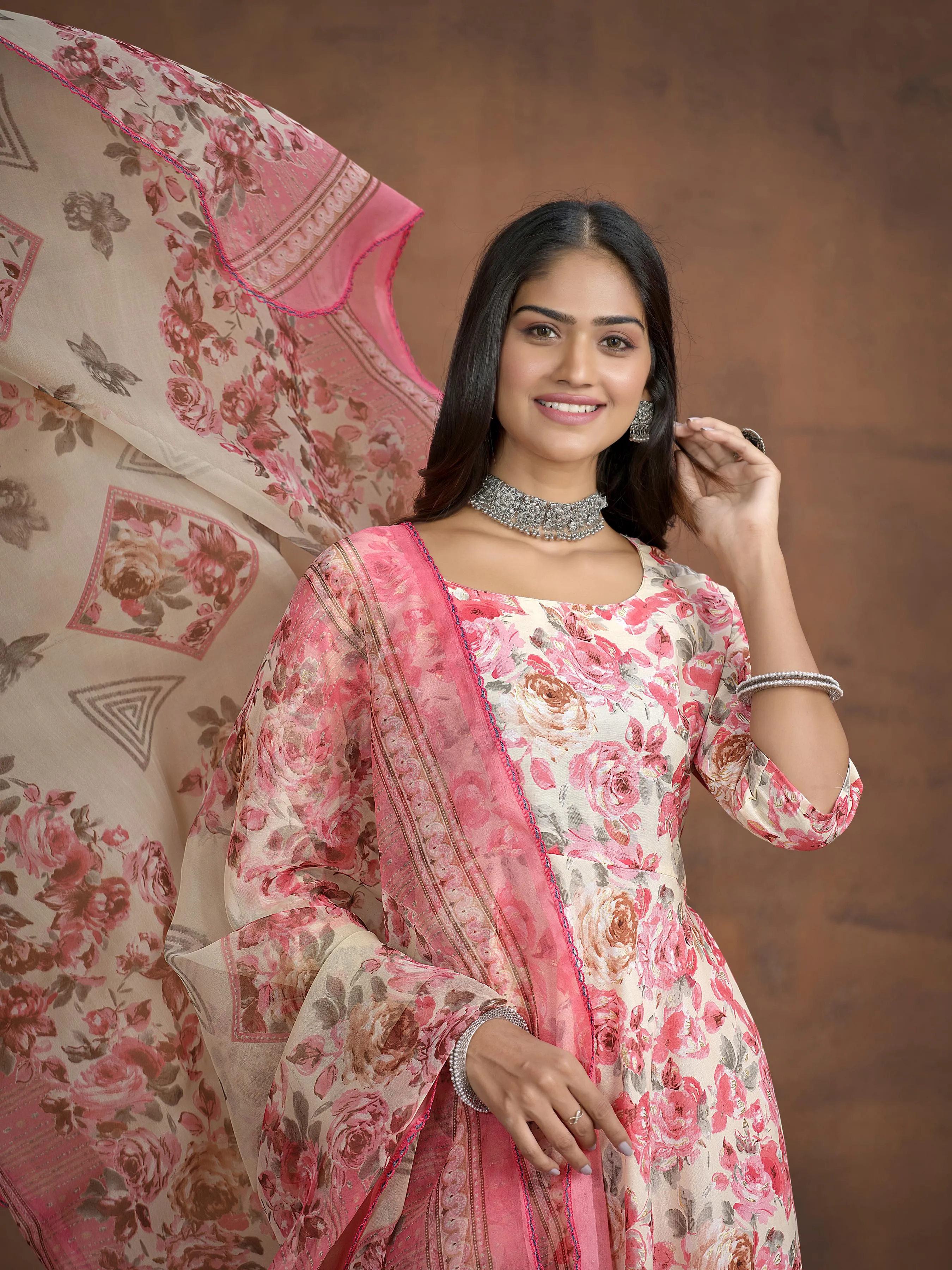 Floral Printed A-line Kurta with Trousers & Printed Dupatta