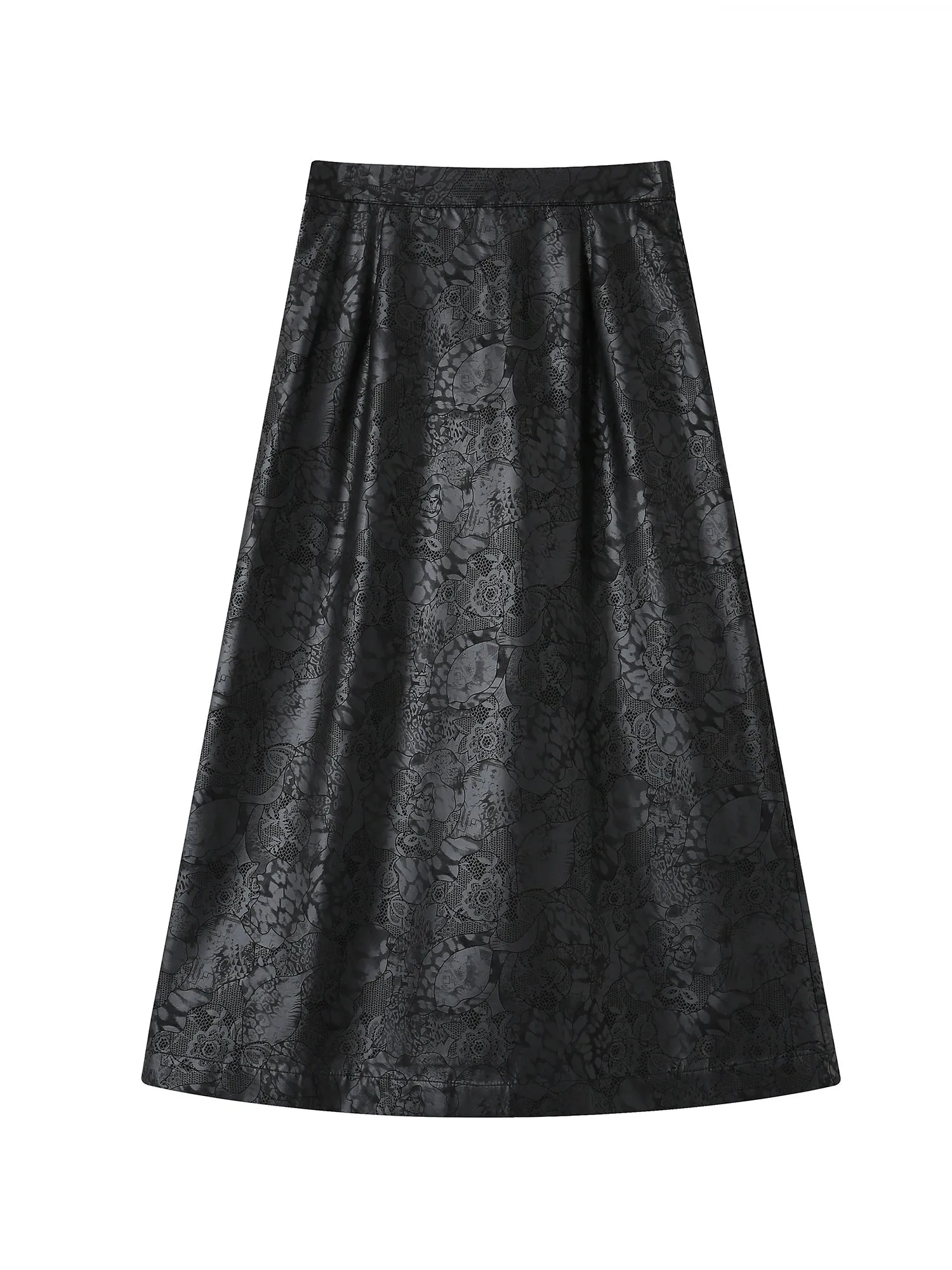 Flower-Embroidery Leatner Flare A-Line Long-Skirt