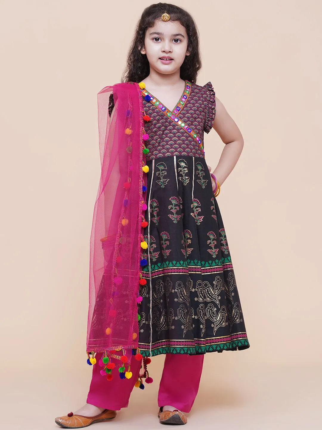 Girls Black Foil Printed Kurta With Trouser & With Duppta