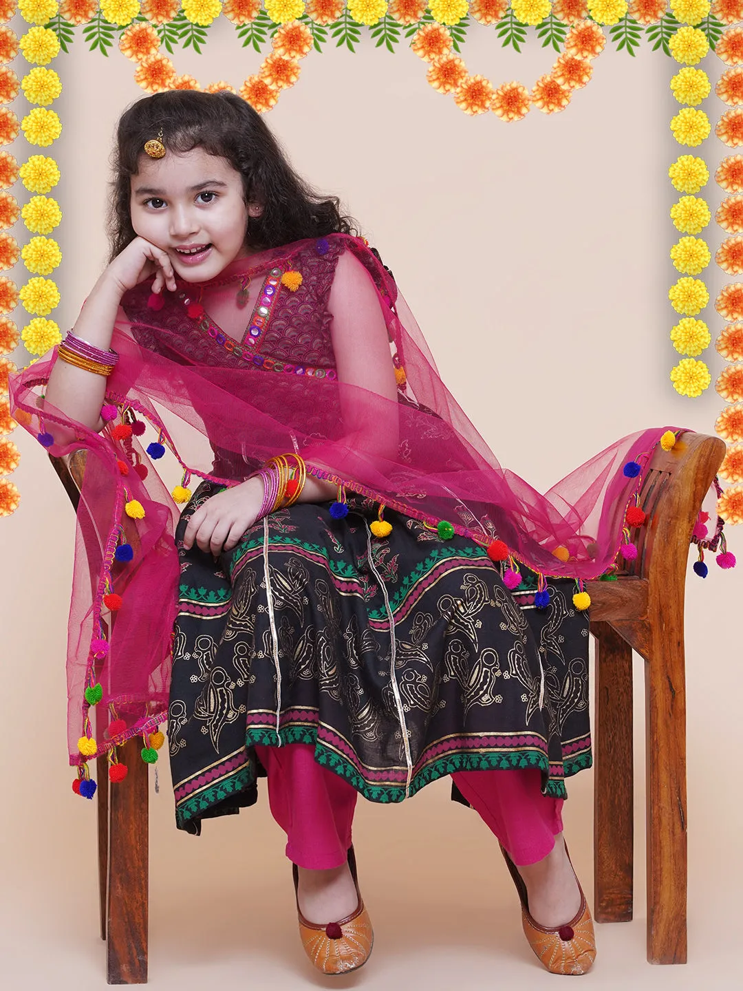 Girls Black Foil Printed Kurta With Trouser & With Duppta