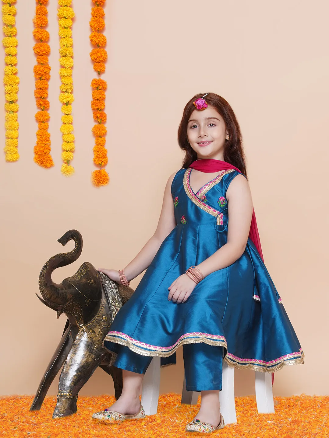 Girls Blue Embroidered Angrakha Kurta with Trousers set With Dupatta