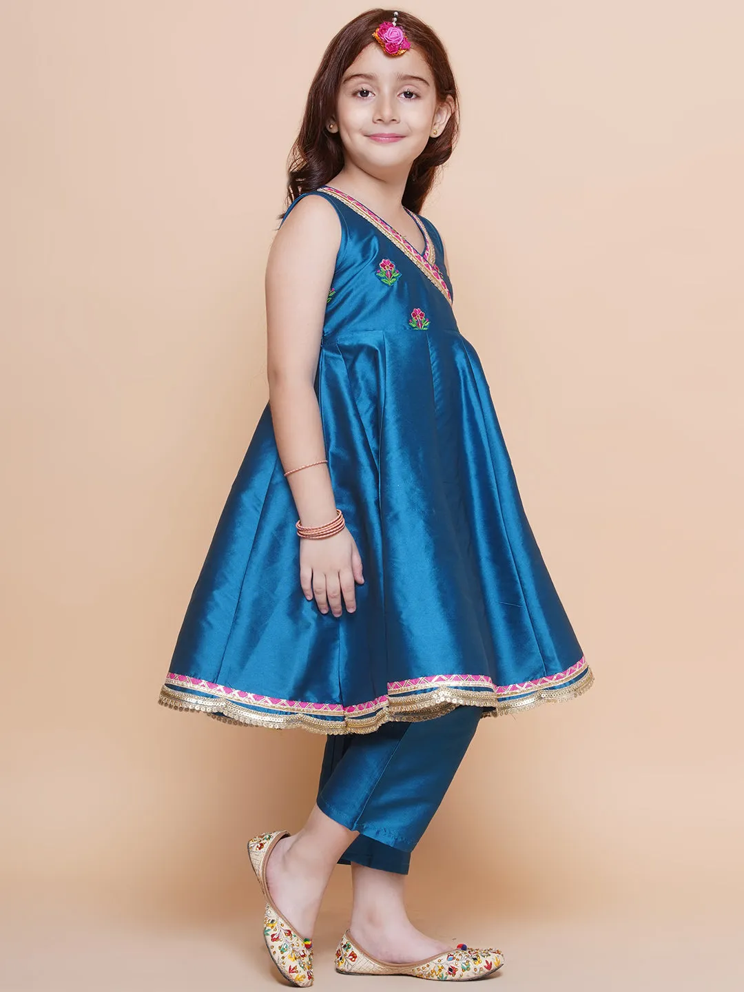 Girls Blue Embroidered Angrakha Kurta with Trousers set With Dupatta