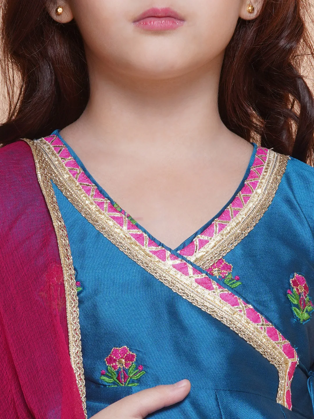 Girls Blue Embroidered Angrakha Kurta with Trousers set With Dupatta