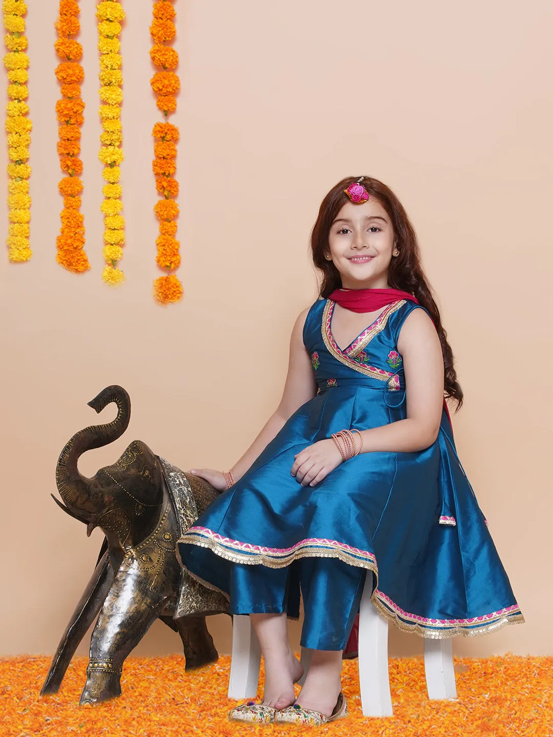 Girls Blue Embroidered Angrakha Kurta with Trousers set With Dupatta