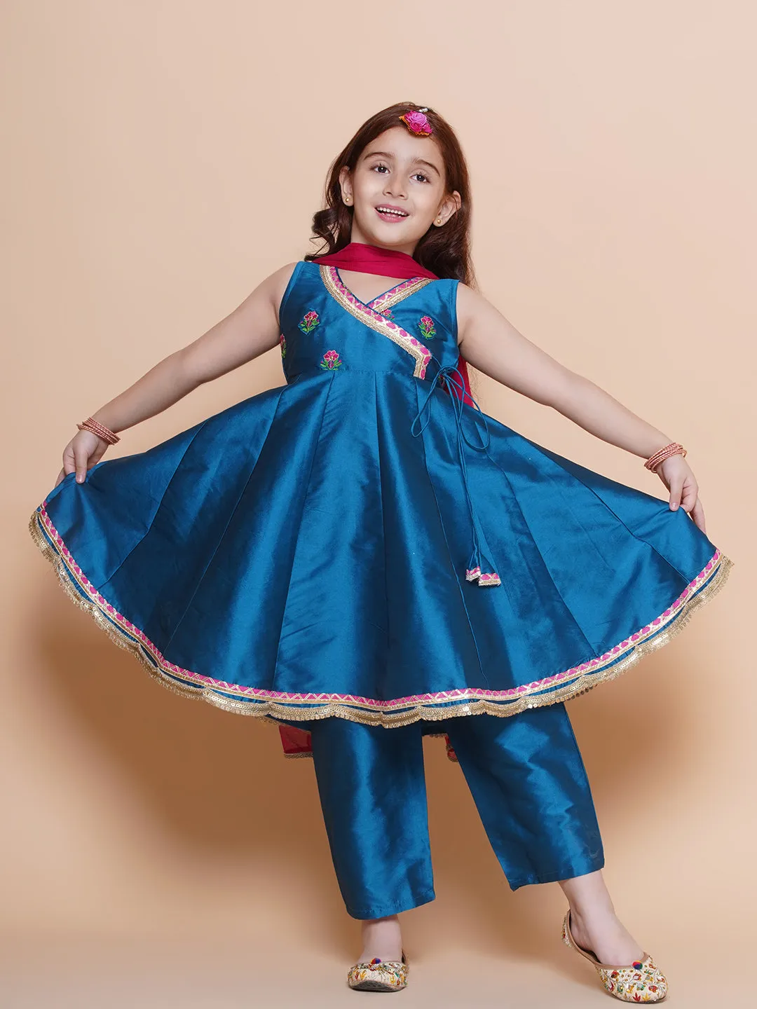 Girls Blue Embroidered Angrakha Kurta with Trousers set With Dupatta