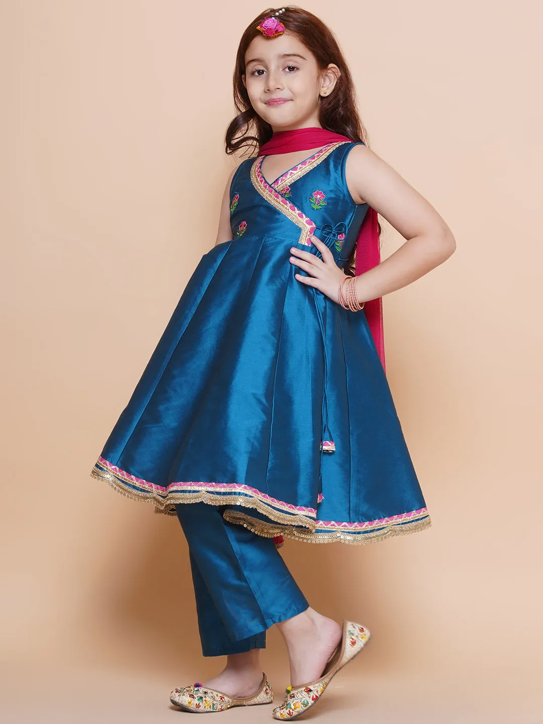 Girls Blue Embroidered Angrakha Kurta with Trousers set With Dupatta