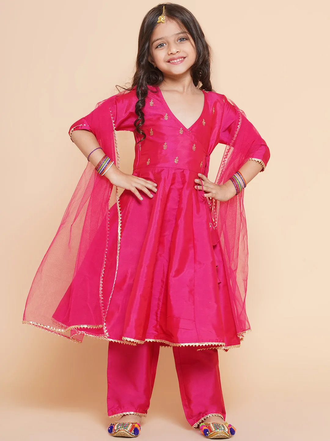 Girls Blue Embroidered Kurta With Trousers & With Dupatta