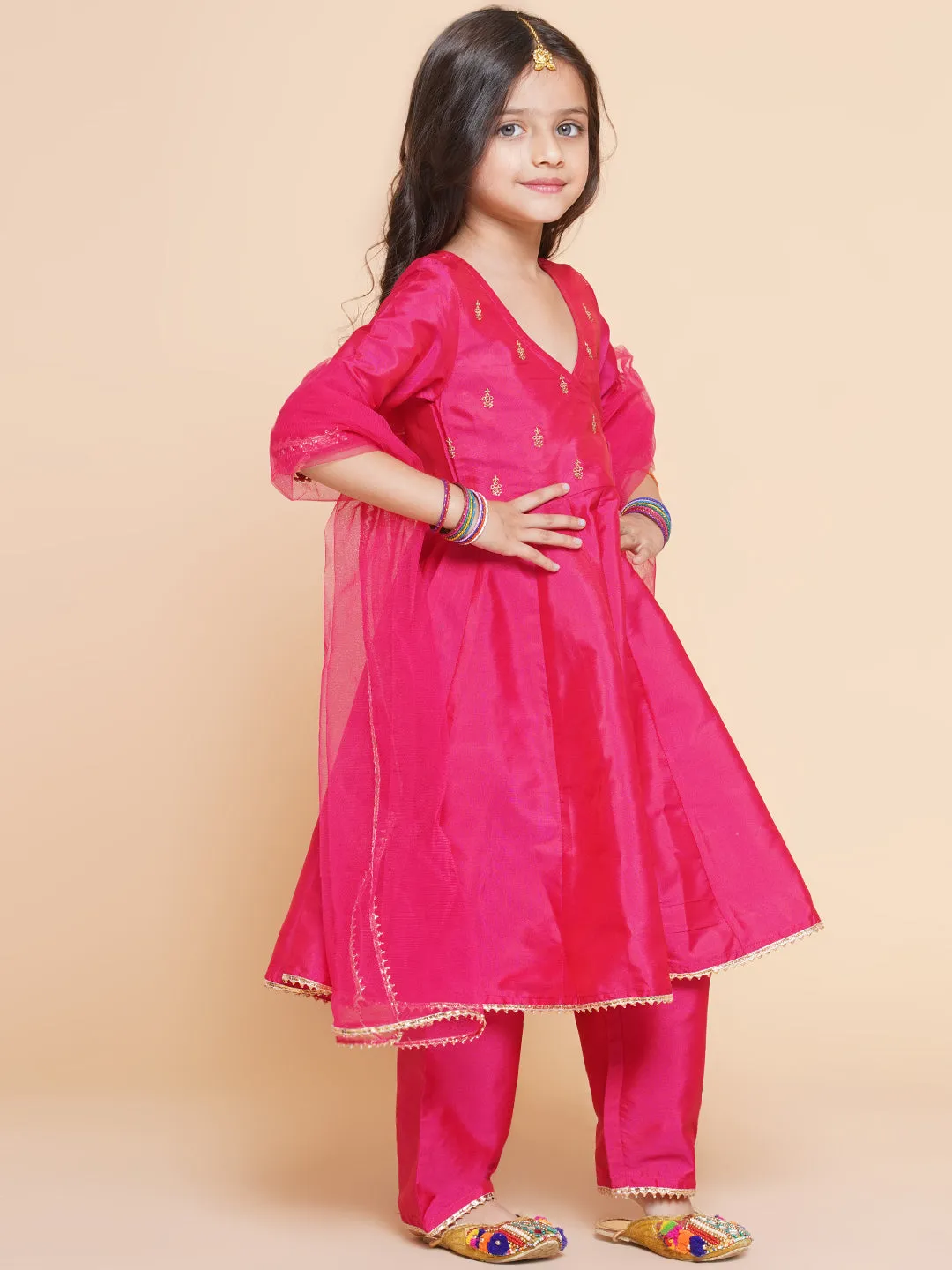 Girls Blue Embroidered Kurta With Trousers & With Dupatta