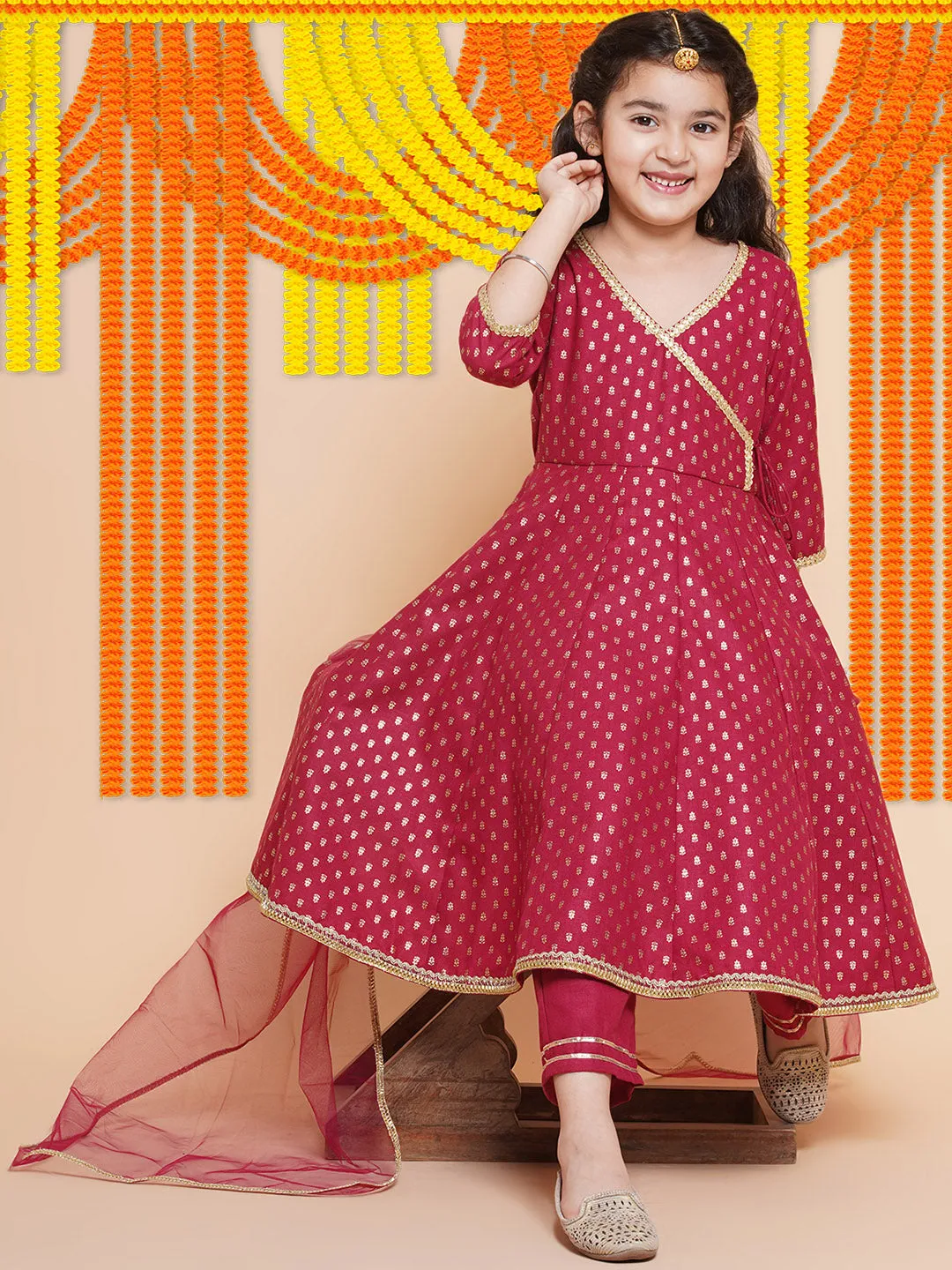 Girls Maroon Ethnic Motifs Printed Angrakha Cotton Kurta With Trouser & Dupatta