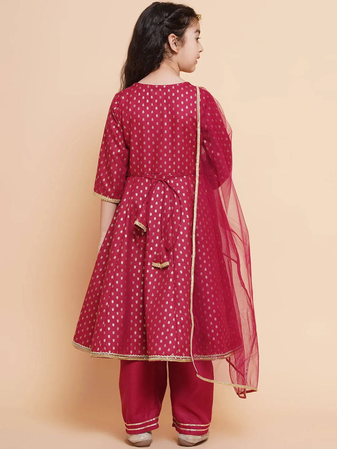 Girls Maroon Ethnic Motifs Printed Angrakha Cotton Kurta With Trouser & Dupatta