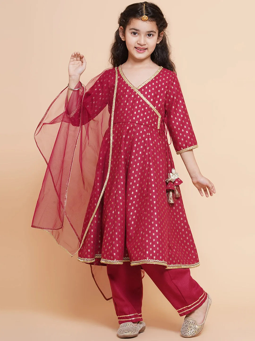 Girls Maroon Ethnic Motifs Printed Angrakha Cotton Kurta With Trouser & Dupatta