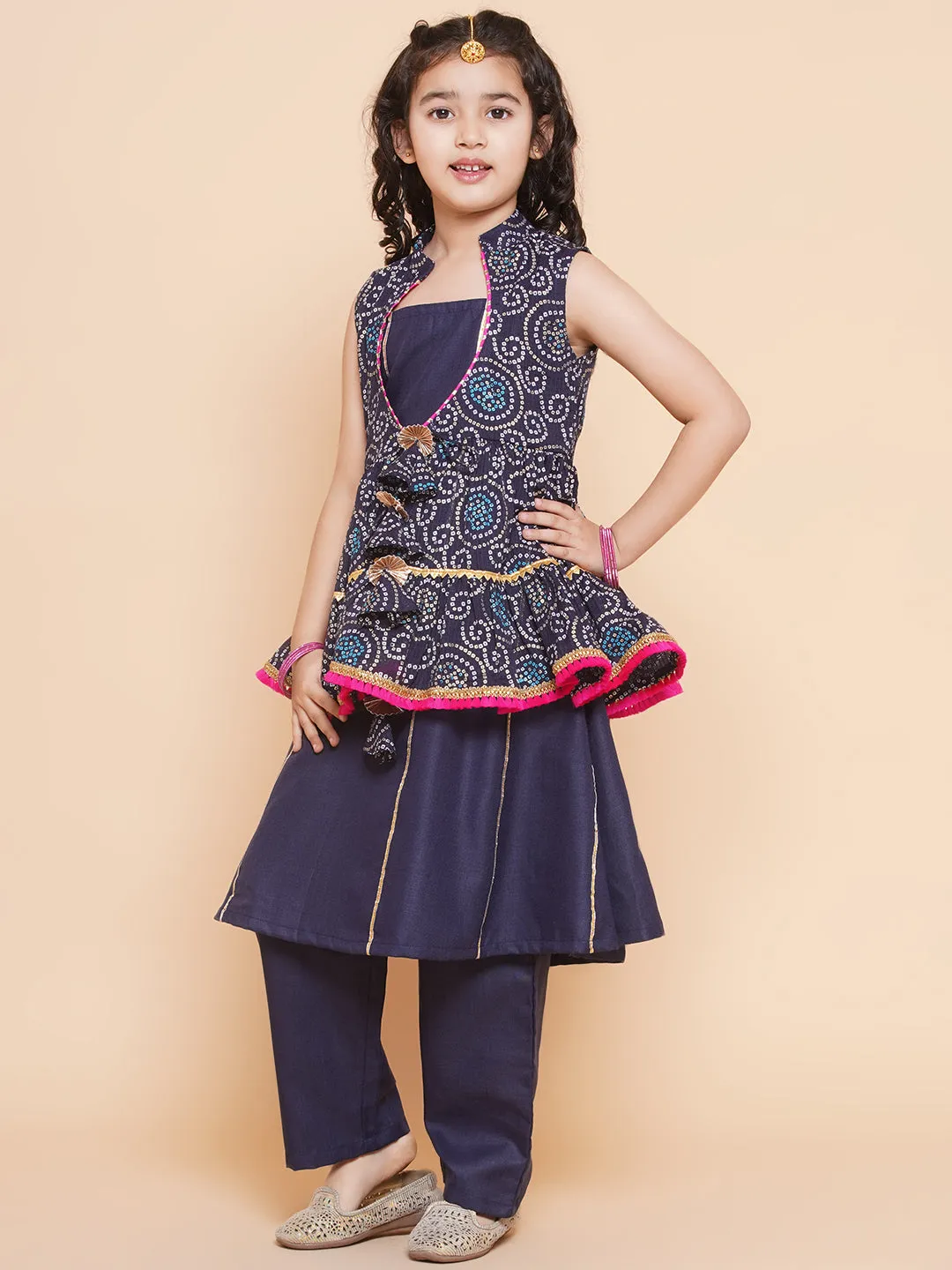 Girls Navy Blue Kurta Set With Shrug