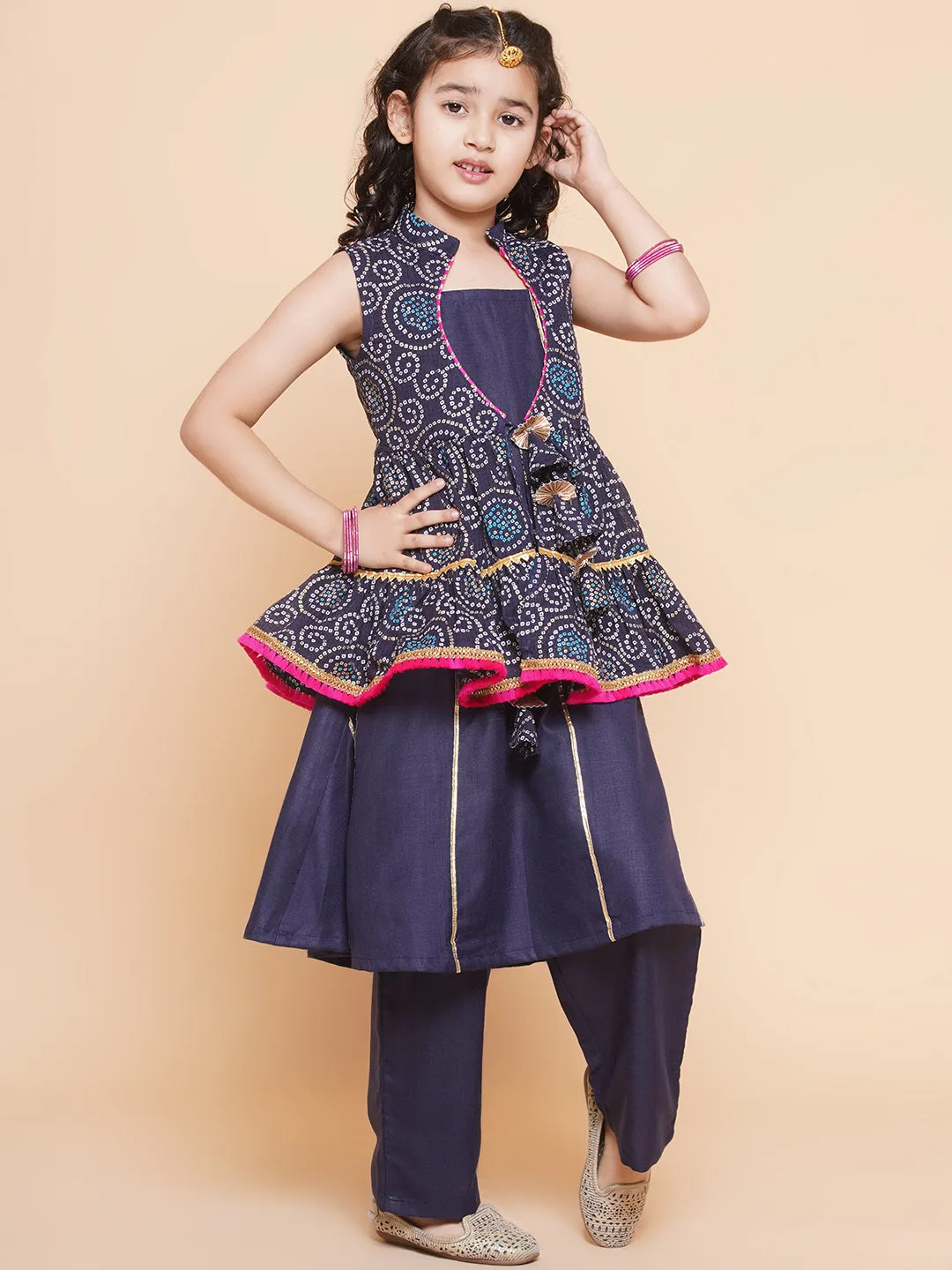 Girls Navy Blue Kurta Set With Shrug