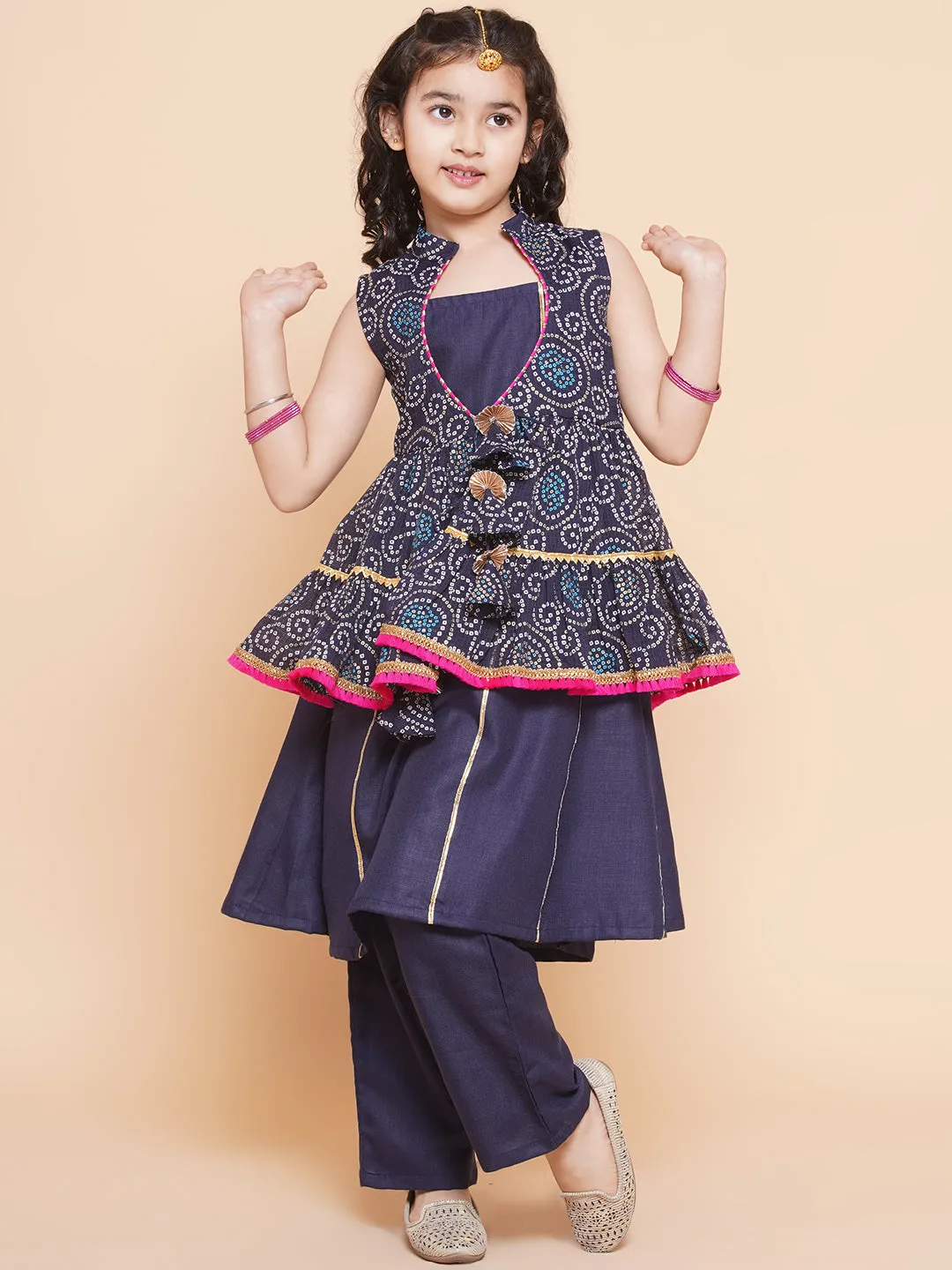 Girls Navy Blue Kurta Set With Shrug