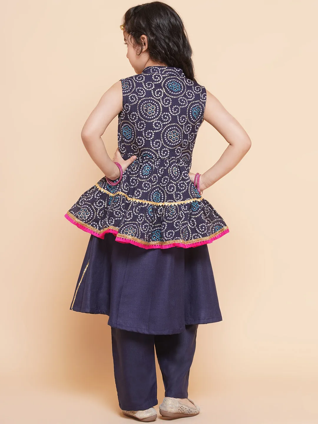 Girls Navy Blue Kurta Set With Shrug