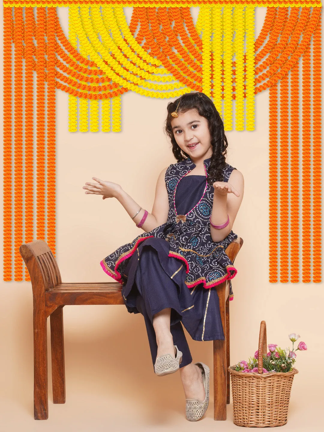 Girls Navy Blue Kurta Set With Shrug