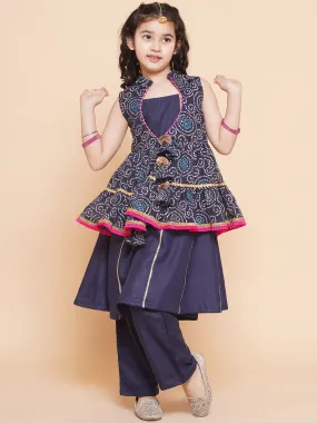 Girls Navy Blue Kurta Set With Shrug