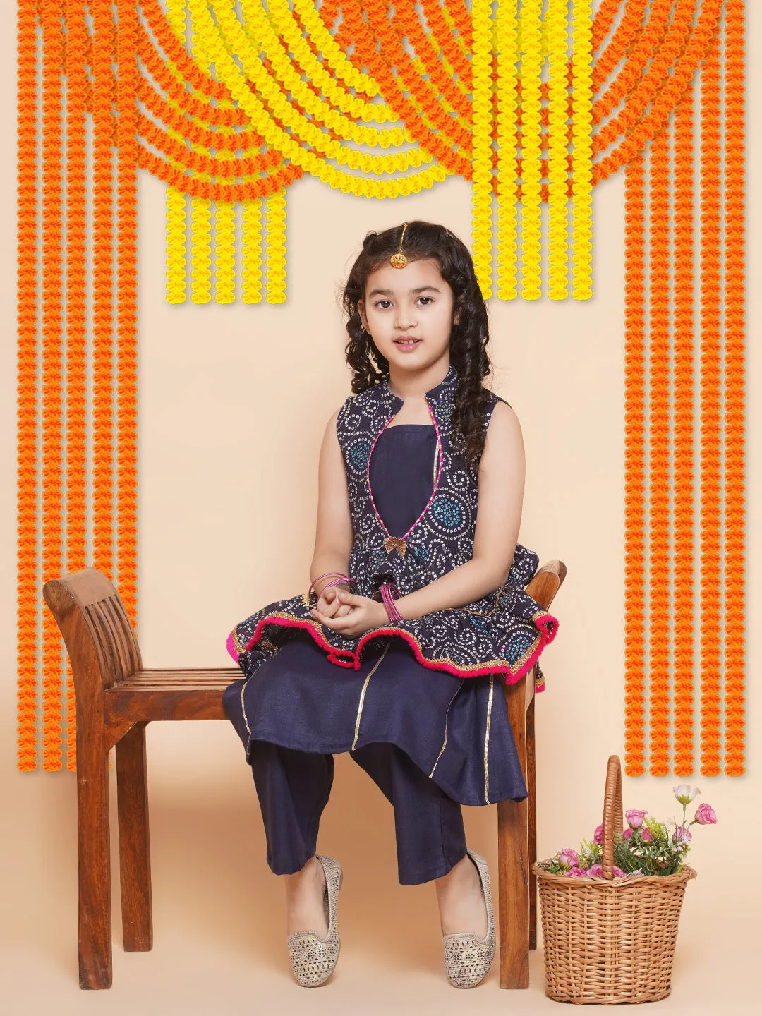 Girls Navy Blue Kurta Set With Shrug