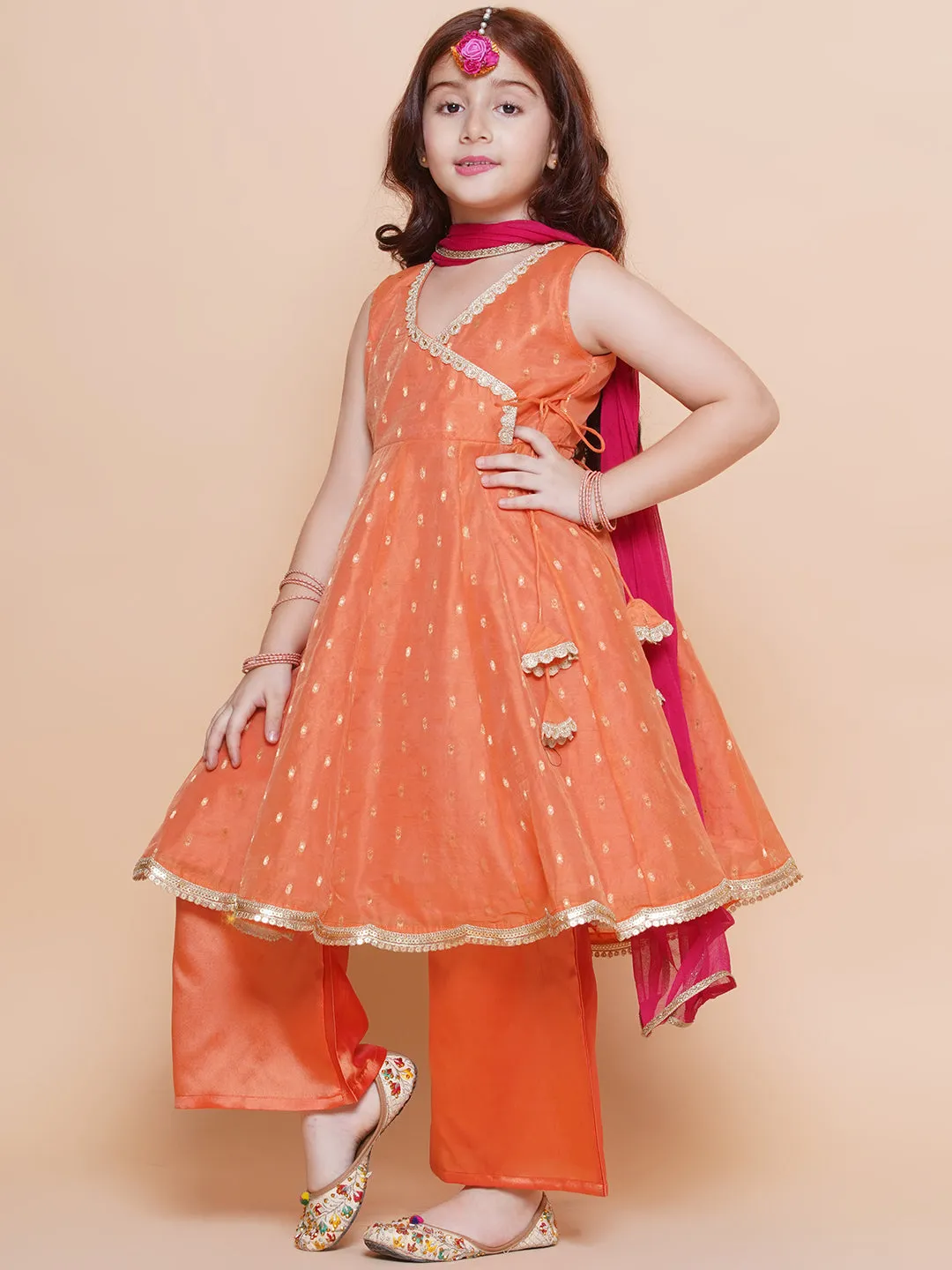 Girls Peach Orange booti Angrakha Gotta Patti Kurta & Trousers set With Dupatta