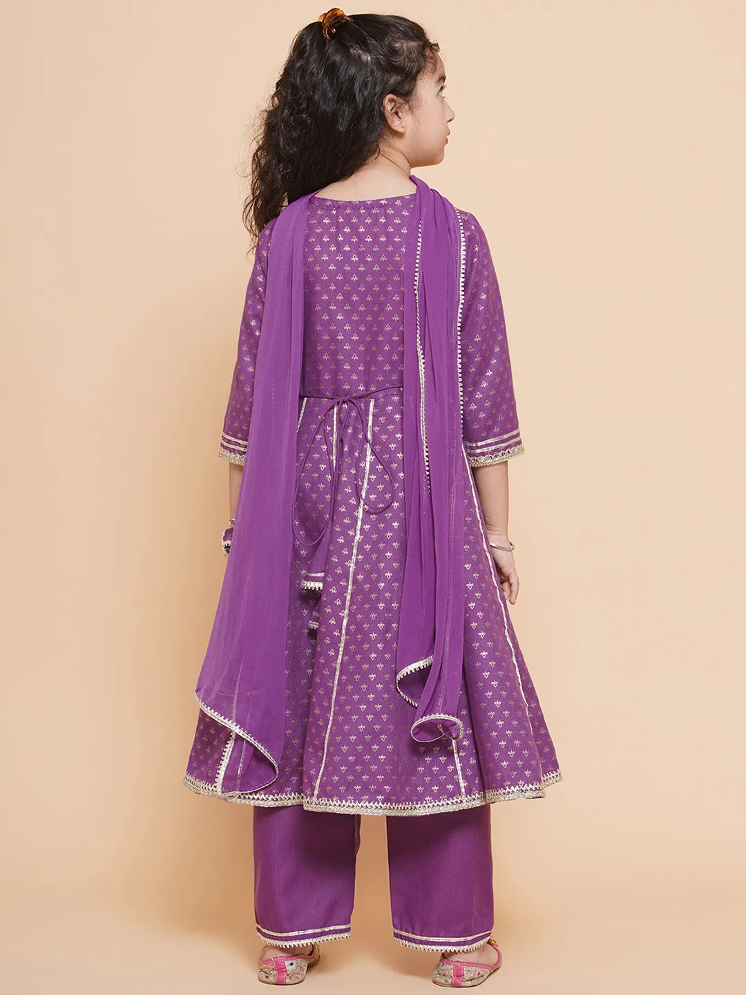 Girls Purple Ethnic Motifs foil Printed Angrakha Kurta with Trouser  & Dupatta