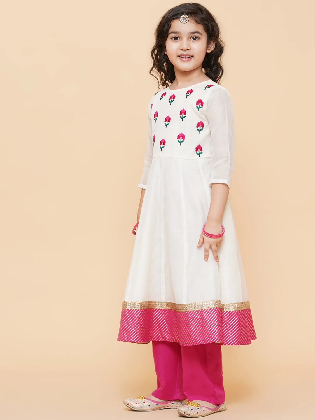 Girls White Embroidered Anarkali Kurta With Trouser & With Dupatta