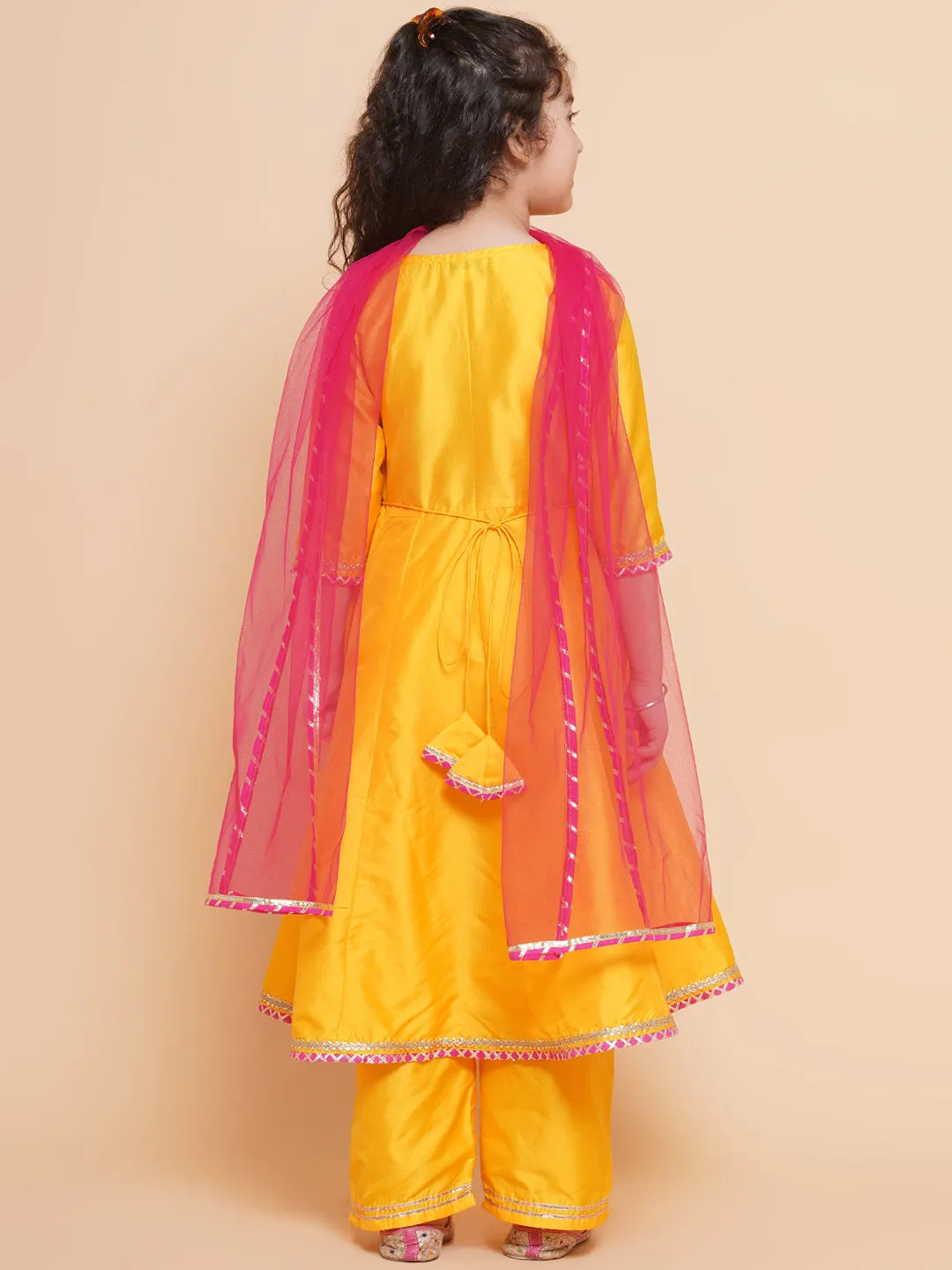 Girls Yellow Embroidered Angrakha Kurta With Trousers & Dupatta