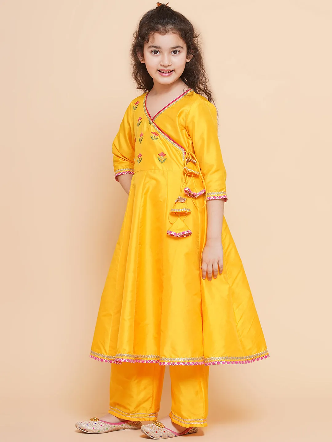 Girls Yellow Embroidered Angrakha Kurta With Trousers & Dupatta