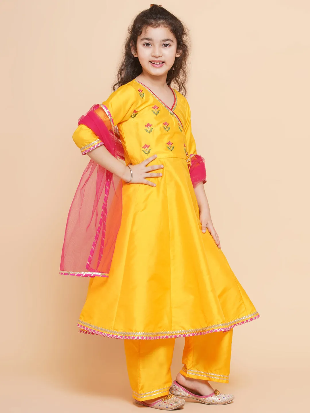 Girls Yellow Embroidered Angrakha Kurta With Trousers & Dupatta