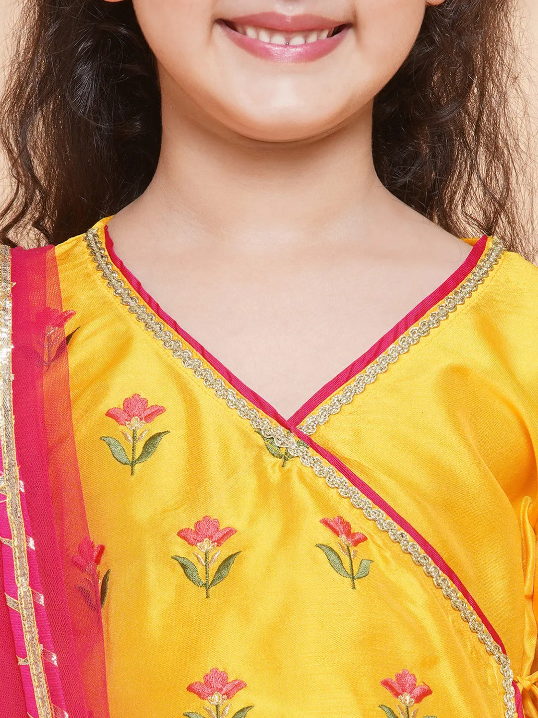 Girls Yellow Embroidered Angrakha Kurta With Trousers & Dupatta