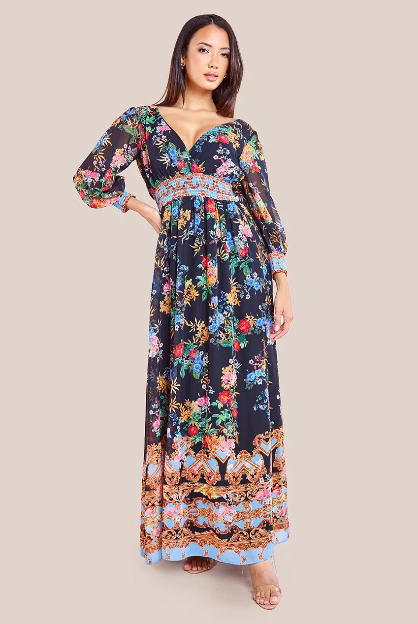 Goddiva Chiffon Wrap Border Floral Print Maxi Dress