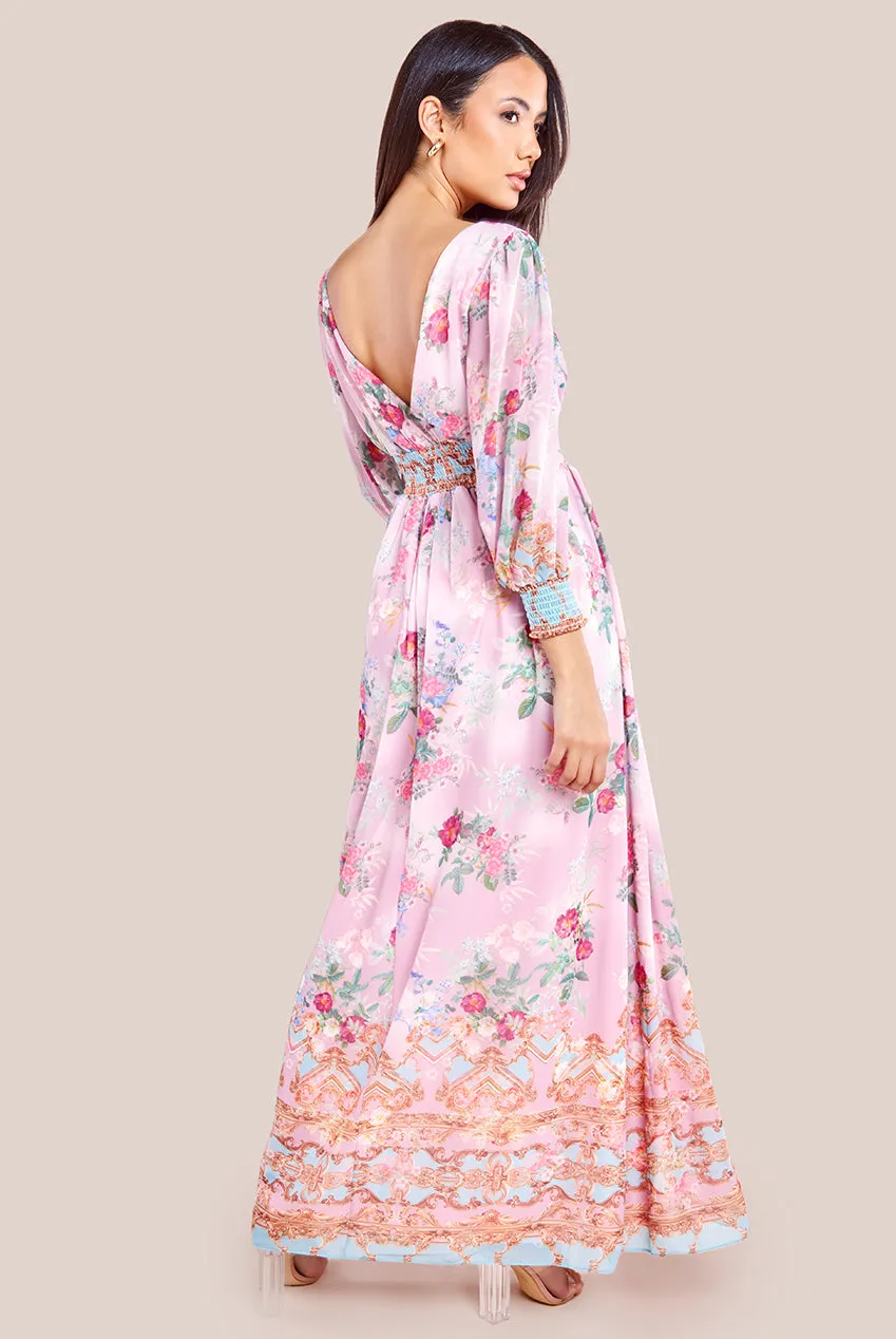 Goddiva Chiffon Wrap Border Floral Print Maxi Dress