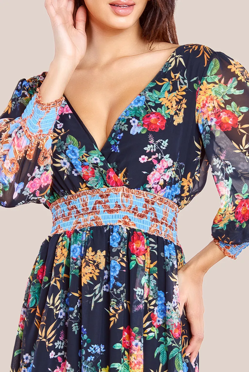 Goddiva Chiffon Wrap Border Floral Print Maxi Dress