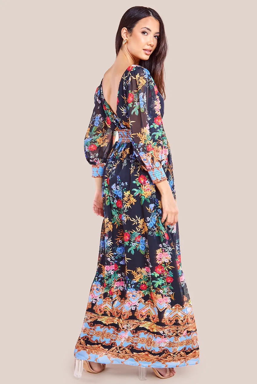 Goddiva Chiffon Wrap Border Floral Print Maxi Dress