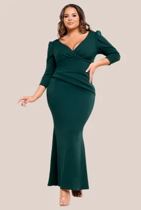 Goddiva Plus Three-Quarter Faux Wrap Neck Maxi Dress - Emerald Green