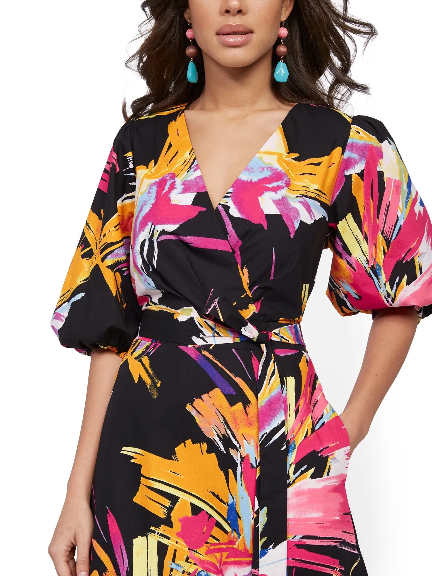 Graphic-Print Poplin Puff-Sleeve Wrap Dress