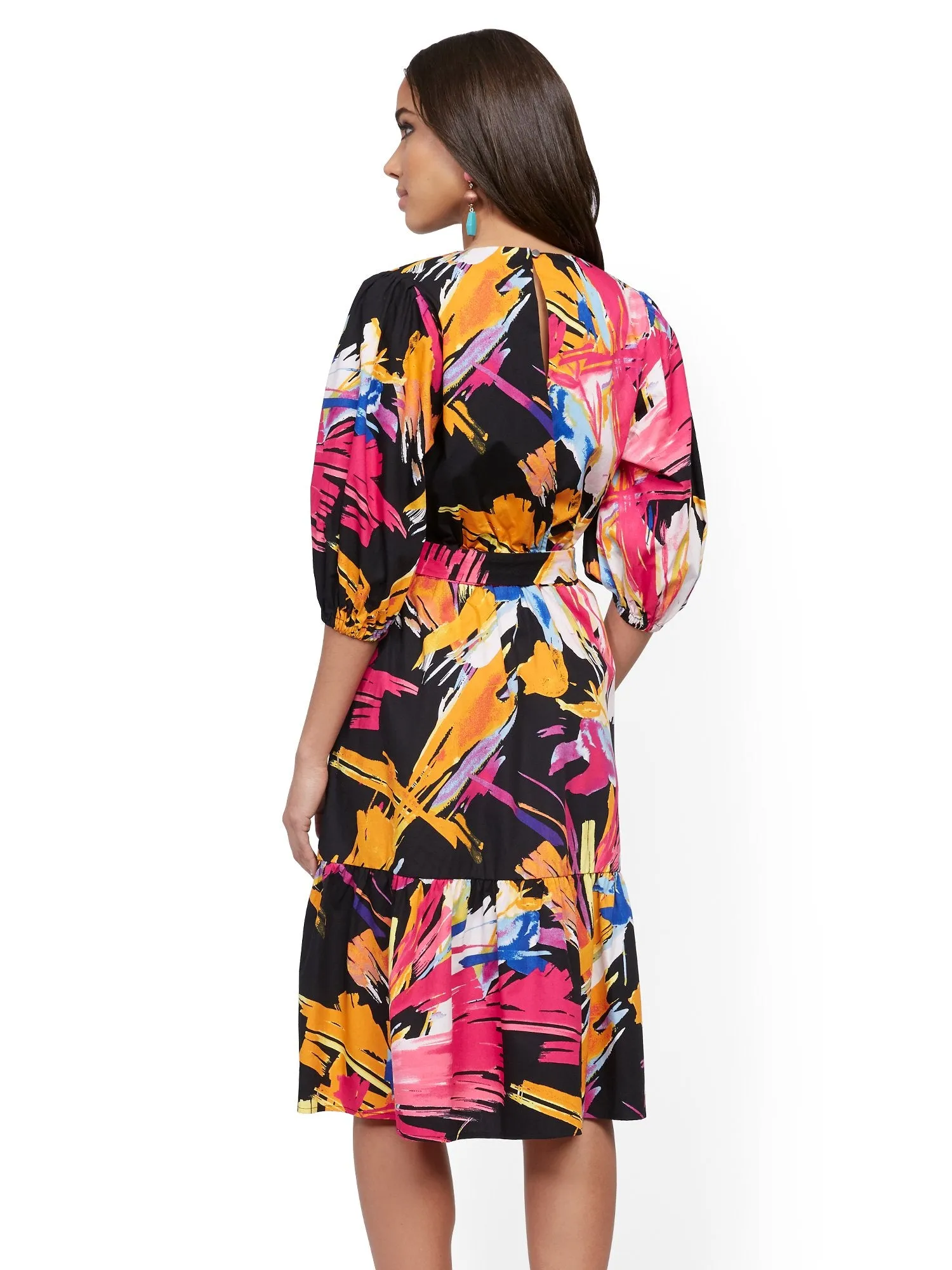 Graphic-Print Poplin Puff-Sleeve Wrap Dress