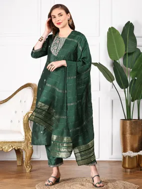 Green Ethnic Motifs Embroidered Straight Kurta & Trousers With Dupatta