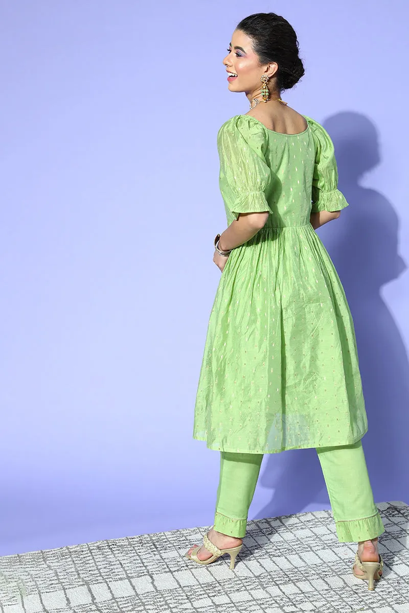 Green Poly Chanderi Square Neck Kurta Set