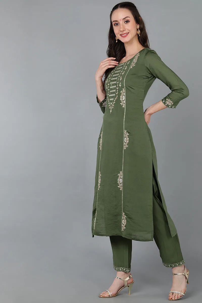 Green Silk Blend Ethnic Motifs Straight Kurta Trousers With Dupatta